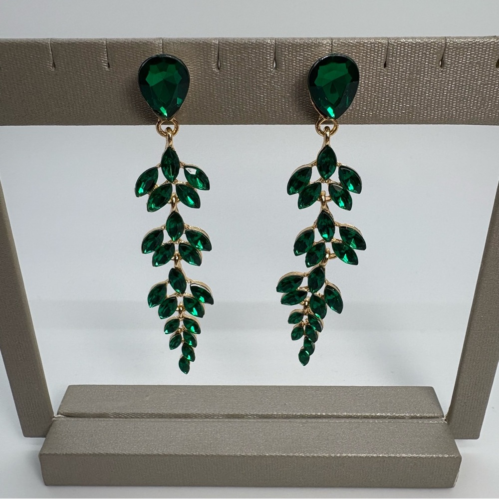 Long Green Crystal Rhinestone Dangle Leaf Pageant Party Earrings